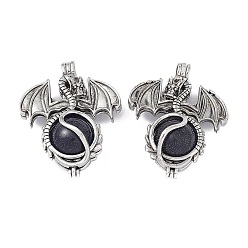 Blue Goldstone Synthetic Blue Goldstone Pendants, Dragon Charms, with Rack Plating Antique Silver Plated Brass Findings, Cadmium Free & Lead Free, 47x37x19mm, Hole: 4mm