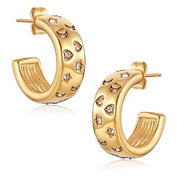 Golden Clear Cubic Zirconia Moon Star Heart Stud Earrings, 430 Stainless Steel Half Hoop Earrings for Women, Golden, 20x7mm, Pin: 1mm