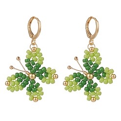 Green Glass Braided Butterfly Dangle Leverback Earrings, Gold Plated Brass Wire Wrap Jewelry for Women, Green, 42mm, Pin: 0.9mm