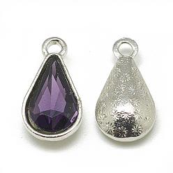 Purple Alloy Glass Pendants, Faceted, teardrop, Platinum, Purple, 18x10x5mm, Hole: 2mm