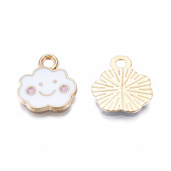White Alloy Enamel Charms, Cloud, with Smile Face, Light Gold, White, 13x12x1mm, Hole: 1.8mm