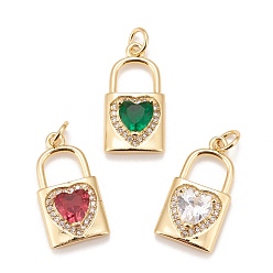 Mixed Color Brass Micro Pave Cubic Zirconia Pendants, Real 18K Gold Plated, Lead Free & Cadmium Free, Lock, Mixed Color, 20x11x5mm, Hole: 3mm
