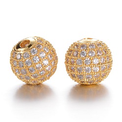 Golden Brass Micro Pave Grade AAA Cubic Zirconia Beads, Cadmium Free & Nickel Free & Lead Free, Round, Clear, Golden, 8mm, Hole: 1.7mm