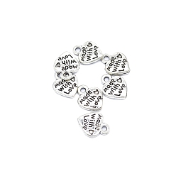 Silver Valentine's Day Theme, Tibetan Style Alloy Charms, Heart with Word Made with Love, Silver, 12x10mm, Hole: 1.5mm