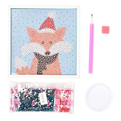 Color mezclado Kits de pintura de diamantes con tema navideño diy para niños, fabricación de marcos de fotos con patrón de zorro, con diamantes de imitación de la resina, pluma, plato de bandeja y arcilla de cola, color mezclado, 15x15x2 cm