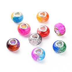 Mixed Color Crackle Two Tone Resin European Beads, Large Hole Beads, with Silver Tone Brass Double Cores, Rondelle, Mixed Color, 14x9.5mm, Hole: 5mm