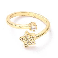 Real 18K Gold Plated Brass Micro Pave Clear Cubic Zirconia Cuff Rings, Open Rings, Long-Lasting Plated, Star, Real 18K Gold Plated, US Size 7 1/4(17.5mm), Inner Diameter: 17.5mm