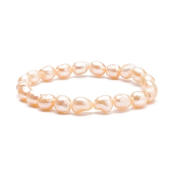 Melocotón de Soplo Pulsera elástica con cuentas de perlas naturales para mujer, peachpuff, diámetro interior: 2-3/8 pulgada (5.9 cm)