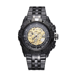 Black Alloy Watch Head Mechanical Watches, with Stainless Steel Watch Band, Gunmetal & Golden, Black, 70x22mm, Watch Head: 55x52x17.5mm, Watch Face: 34mm