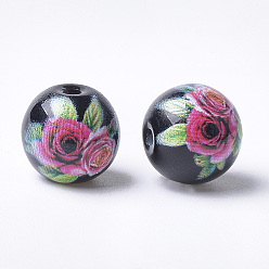 Noir Perles de verre imprimées et peintes au pistolet, ronde avec motif de fleurs, noir, 8~8.5x7.5mm, Trou: 1.4mm