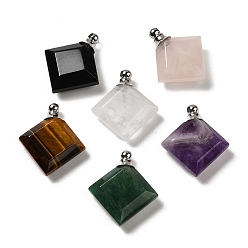 Mixed Stone Natural Mixed Gemstone Perfume Bottle Pendants, Faceted Rhombus Charms with Stainless Steel Color Tone 304 Stainless Steel Findings, 31x27~27.5x8.5~10mm, Hole: 2mm