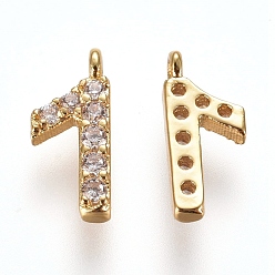 Number Brass Micro Pave Clear Cubic Zirconia Charms, Number, Golden, Num.1, 9.5~10x4~6.5x2mm, Hole: 0.8mm