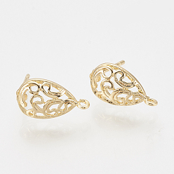 Real 18K Gold Plated Brass Stud Earring Findings, with Loop, Teardrop, Nickel Free, Real 18K Gold Plated, 13x7.5mm, Hole: 1mm, Pin: 0.8mm