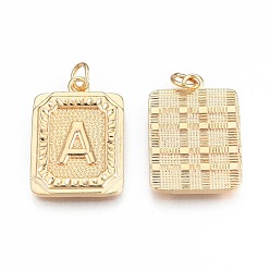 Letter A Brass Pendants, with Jump Rings, Cadmium Free & Nickel Free & Lead Free, Rectangle with Letter, Real 18K Gold Plated, Letter.A, 22.5x16x2mm, Jump Ring: 5x1mm, 3mm inner diameter