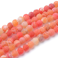 Dark Orange Natural & Dyed Crackle Agate Bead Strands, Frosted Style, Round, Dark Orange, 8mm, Hole: 1mm, about 48pcs/strand, 14 inch