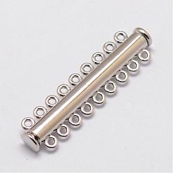 Platinum Alloy Magnetic Slide Lock Clasps, 9-Strand, 18-Hole, Tube, Platinum, 52x13.5x7mm, Hole: 2mm