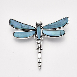 Sky Blue Freshwater Shell Brooches/Pendants, with Alloy Findings and Resin Bottom, Rhinestone, Dyed, Dragonfly, Antique Silver, Sky Blue, 53x62x10mm, Hole: 5x4mm, Pin: 0.7mm