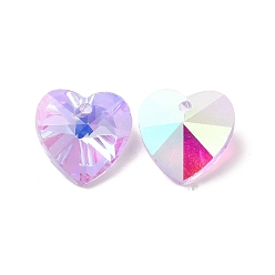 Violet Glass Pendants, Heart, Great For Mother's Day Bracelet Making, Faceted, Violet, AB Color Plated, 14mmx7~8mm, hole: 1mm