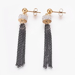 Gunmetal & Golden 304 Stainless Steel Dangle Stud Earrings, with Polymer Clay Rhinestone and Cable Chains, Column and Tassel, Gunmetal & Golden, 62mm