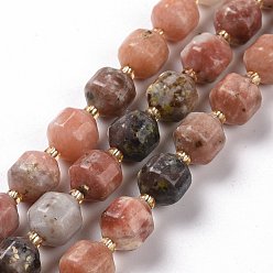Plum Blossom Jasper Natural Plum Blossom Jasper Beads Strands, with Seed Beads, Faceted Bicone Barrel Drum, 9~10mm, Hole: 1.2mm, about 29~32pcs/strand, 14.45~14.84 inch(36.7~37.7cm)