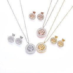 Mixed Color 304 Stainless Steel Jewelry Sets, Pendant Necklaces and Stud Earrings, with Polymer Clay Rhinestone, Flat Round with Tree of Life, Mixed Color, 17.32 inch(44cm), 14x2mm, Pin: 0.8mm