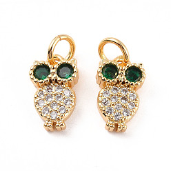 Real 18K Gold Plated Rack Plating Brass Micro Pave Cubic Zirconia Charms, with Jump Ring, Cadmium Free & Lead Free, Owl, Real 18K Gold Plated, 11.5x7x2mm, Jump Ring: 5x1mm, Inner Diameter: 3mm