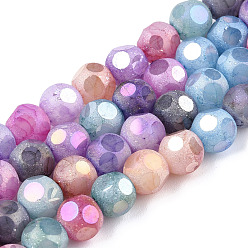Colorful Opaque Frosted Glass Beads Strands, AB Color Plated, Faceted, Round, Colorful, 6.5x6mm, Hole: 1.5mm, about 70pcs/strand, 16.38 inch(41.6cm)