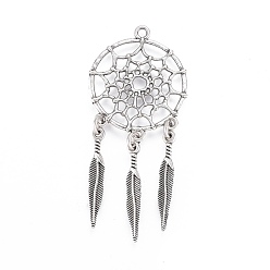 Thai Sterling Silver Plated Tibetan Style Alloy Pendants, Woven Net/Web with Feather, Lead Free & Nickel Free & Cadmium Free, Thailand Sterling Silver Plated, 63x28x1.5mm, Hole: 2mm