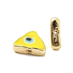 Amarillo Perlas de esmalte de bronce, larga duración plateado, real 18 k chapado en oro, triángulo con patrón de mal de ojo, amarillo, 10~11.5x13~13.5x4~5 mm, agujero: 1.6~1.8 mm