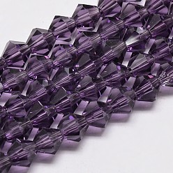 Púrpura Imitar cristal austriaco de cristal bicono hebras de cuentas, aa grado, facetados, púrpura, 3x3.5 mm, agujero: 0.8 mm, sobre 120~125 unidades / cadena, 14.8 pulgada