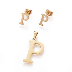 Letter P 304 Stainless Steel Pendants and Stud Earrings Jewelry Sets, Alphabet, Letter.P, 20~23x13~19x1.5mm, Hole: 6x3mm, 6~10x6~9x1mm, Pin: 0.8mm