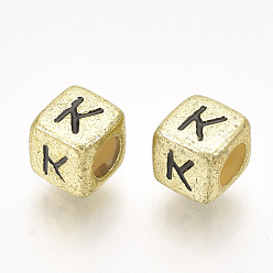 Letter K Acrylic Beads, Horizontal Hole, Metallic Plated, Cube with Letter.K, 6x6x6mm, 2600pcs/500g