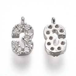 Number Brass Micro Pave Clear Cubic Zirconia Charms, Number, Platinum, Num.3, 9.5~10x4~6.5x2mm, Hole: 0.8mm