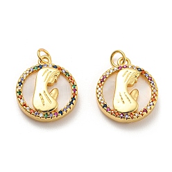 Real 18K Gold Plated Brass Cubic Zirconia  with Shell Pendants, with Jump Ring, Long-Lasting Plated, Lead Free & Cadmium Free, Flat Round, Real 18K Gold Plated, 19x17x4mm, Hole: 3mm