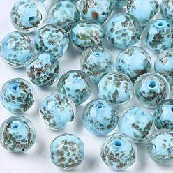 Sky Blue Handmade Lampwork Beads, with Gold Sand, Round, Sky Blue, Size: about 12mm in diameter, hole: 2mm