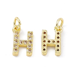 Letter H Dijes de circonita cúbica transparentes con micro pavé de latón bañado en oro de 18 k real, con anillo de salto, letter.h, 11.5x7.5x2.5 mm, agujero: 3.4 mm