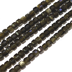Golden Sheen Obsidian Natural Golden Sheen Obsidian Beads Strands, Cube, Faceted, 2x2x2mm, Hole: 0.6mm, about 178pcs/strand, 15.55inch(39.5cm)