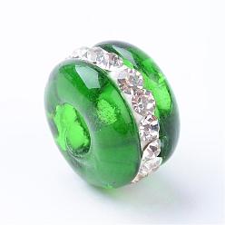 Vert Perles européennes au chalumeau , Perles avec un grand trou   , avec des strass, rondelle, verte, 13~14x9mm, Trou: 4~4.5mm