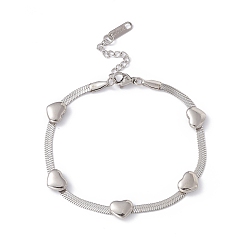 Couleur Acier Inoxydable 304 bracelet chaîne à chevrons perlé coeur en acier inoxydable pour femme, couleur inox, 7-1/4 pouce (18.5 cm)
