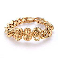 Golden 304 Stainless Steel Link Bracelets, with Lobster Claw Clasps, Skull, Golden, 8-5/8 inch(22cm), 14x5mm
