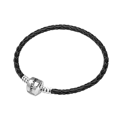 Noir Tinysand rhodié 925 fabrication de bracelets en cuir tressé en argent sterling, avec platine plaqué fermoir européen, noir, 190mm