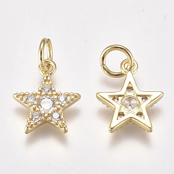 Real 18K Gold Plated Brass Micro Pave Cubic Zirconia Charms, with Jump Ring, Long-Lasting Plated, Pentagram Star, Clear, Real 18K Gold Plated, 12x10x2mm, Hole: 3mm