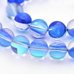 Blue Round Synthetic Moonstone Beads Strands, Holographic Beads, Dyed, Blue, 8mm, Hole: 1mm, about 45~47pcs/strand, 14~15 inch
