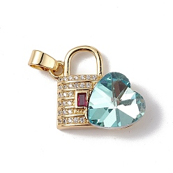 Pale Turquoise Real 18K Gold Plated Rack Plating Brass Micro Pave Clear Cubic Zirconia Pendants, with Glass, Long-Lasting Plated, Cadmium Free & Lead Free, Lock with Heart Charm, Pale Turquoise, 23x19x8mm, Hole: 5x3.2mm