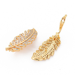 Real 18K Gold Plated Brass Micro Pave Clear Cubic Zirconia Twister Clasps, Nickel Free, Leaf, Real 18K Gold Plated, 32x12.5x9mm, Hole: 1.2mm