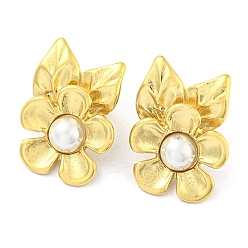 Real 14K Gold Plated 304 Stainless Steel Flower Stud Earrings, with ABS Plastic Pearl Beads, Real 14K Gold Plated, 29x21.5mm