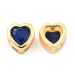 Blue Brass inlaid Cubic Zirconia Slide Charms, Real 18K Gold Plated, Heart, Blue, 6.5x6.5x4mm, Hole: 0.8x2mm