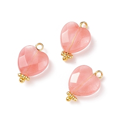 Cherry Quartz Glass Cherry Quartz Glass Charms, with Golden Tone Brass Findings, Faceted Heart, 15x10x5mm, Hole: 1.6mm