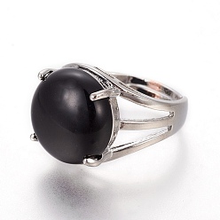 Black Stone Adjustable Synthetic Black Stone Finger Rings, with Platinum Brass Findings, Half Round, 17.5~18mm