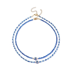 Blue 2Pcs 2 Style Resin Evil Eye & Glass Seed Beaded Necklaces Set for Women, Blue, 15.04 inch(38.2cm), 17.32 inch(44cm), 1Pc/style